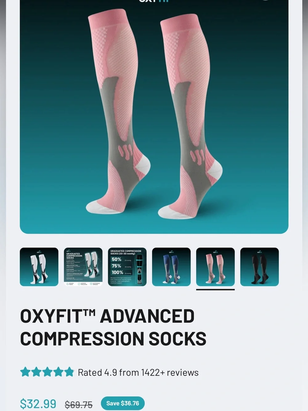 OXYFIT™ Advanced Compression Athletic Socks - Pink/Gray New 2 pairs